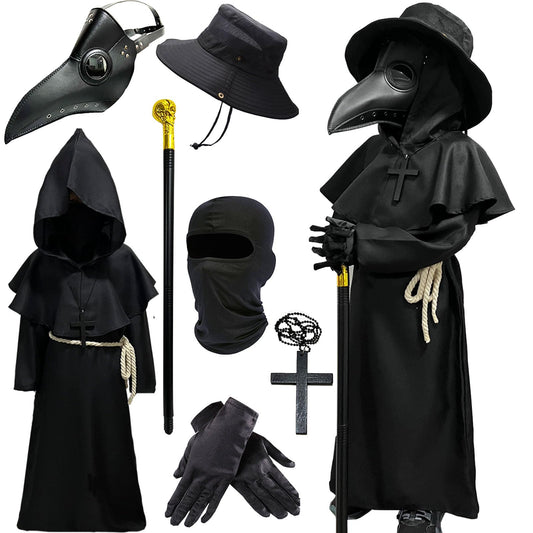 Wakejoy Plague Doctor Costume for Kids 7 in 1 Set Halloween Costumes for Boys Girls Halloween Outfit (Small-120)
