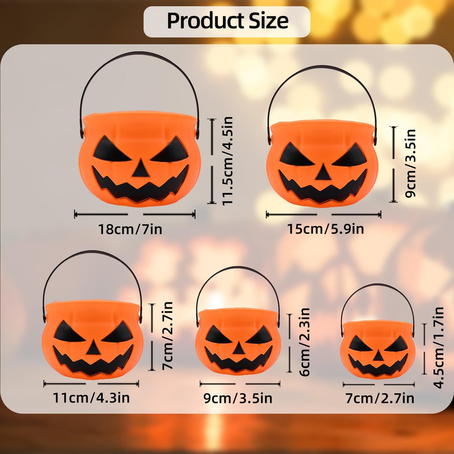 5 Pcs Halloween Pumpkin Candy Buckets - 5 Sizes Plastic Jack-O'-Lantern Sweet Snack Pails with Handles, Trick-or-Treat Candies Collection Party Favors, Halloween Goodie Bag Fillers for Kids