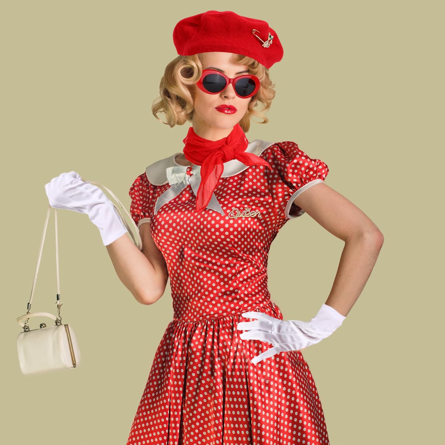 XEPST 6PCS French Women set - 50s Fancy Dress for Women with French Beret Sunglasses Scarf Gloves French Artist Mime Kit for Women Girls Halloween Costumes Cosplay Carnival Fancy Dress Up, Red, MT214
