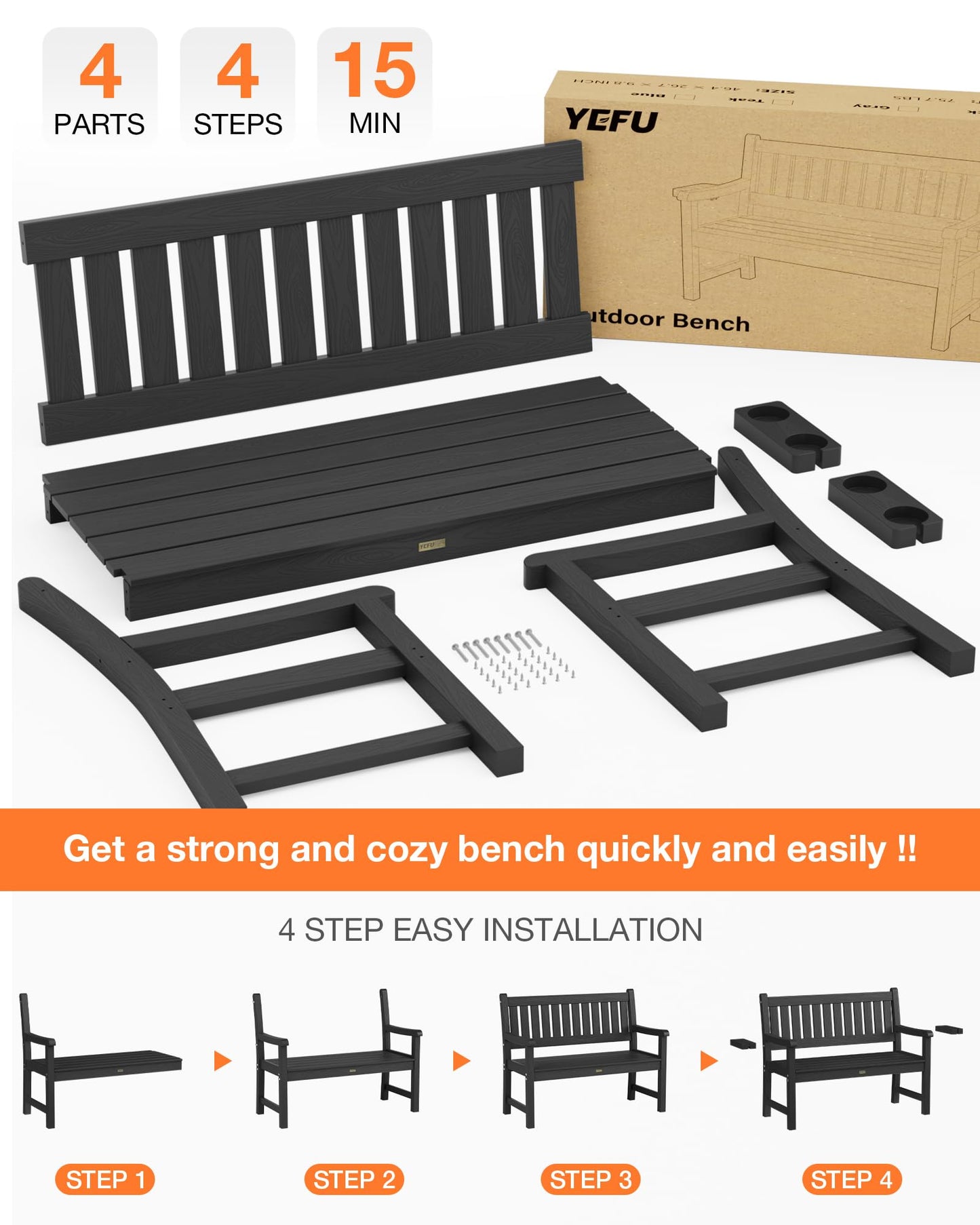 YEFU Outdoor Bench for Patio Waterproof: Heavy Duty 2-Person Garden Bench with 2 Cup Holders & Oversized Seating - HIPS Weatherproof Patio Benches for Front Porch Backyard Park, Black