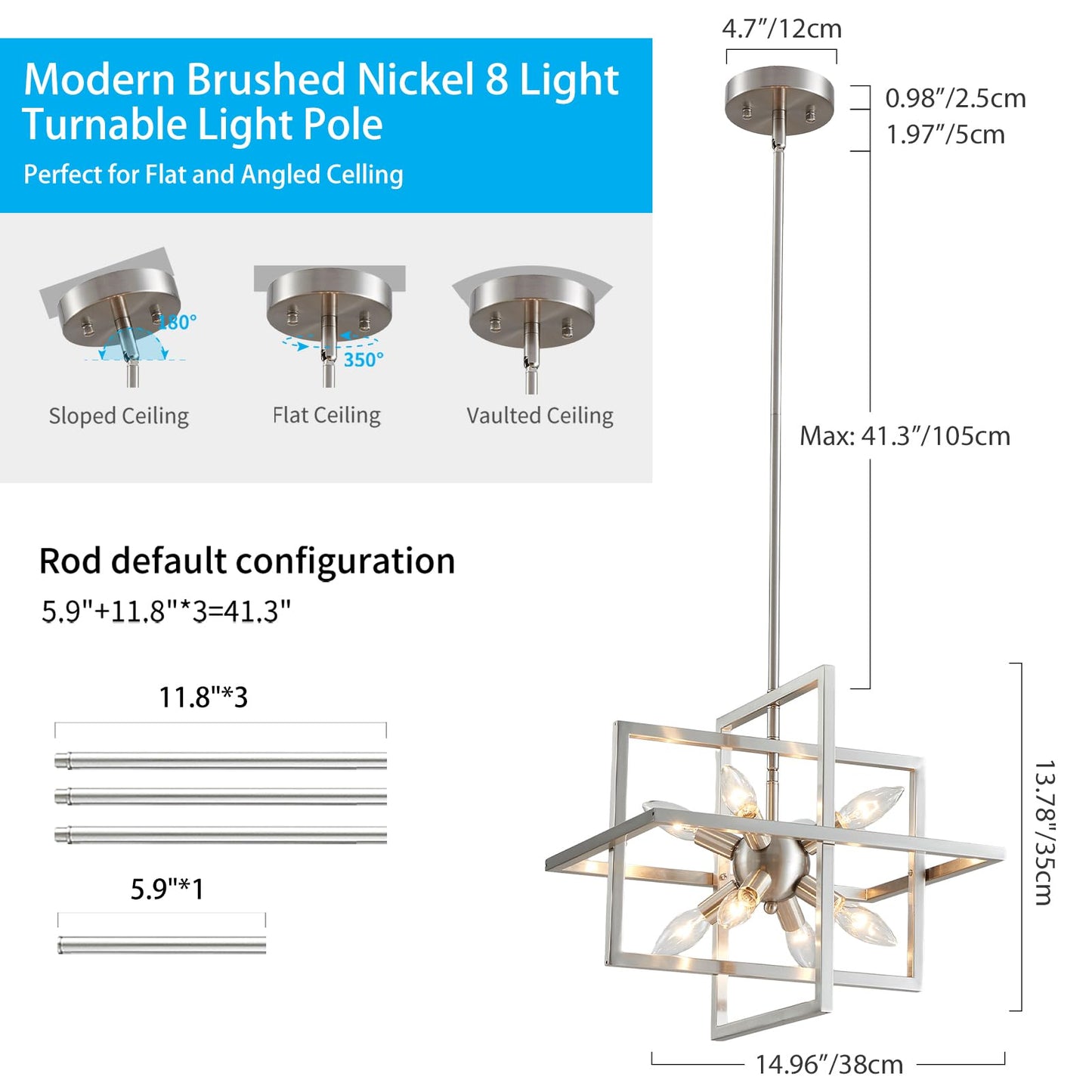 XINGQI Modern Chandelier 8-Light Brushed Nickel Geometric Pendant Lighting Farmhouse Ceiling Light Fixtures for Dining Room Living Room Kitchen Island Bedroom Hallway