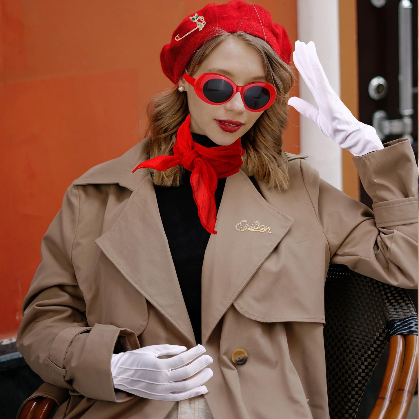 XEPST 6PCS French Women set - 50s Fancy Dress for Women with French Beret Sunglasses Scarf Gloves French Artist Mime Kit for Women Girls Halloween Costumes Cosplay Carnival Fancy Dress Up, Red, MT214