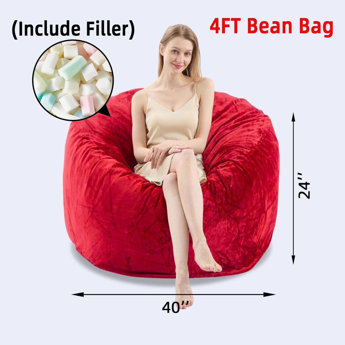 4FT Bean Bag Chairs for Adults，Bean Bag with Filler Included，Memory Foam Chair，with Flannel Cover, Detachable and Washable, Suitable for Lounge Chairs in bedrooms Dormitories (Red, 4FT)