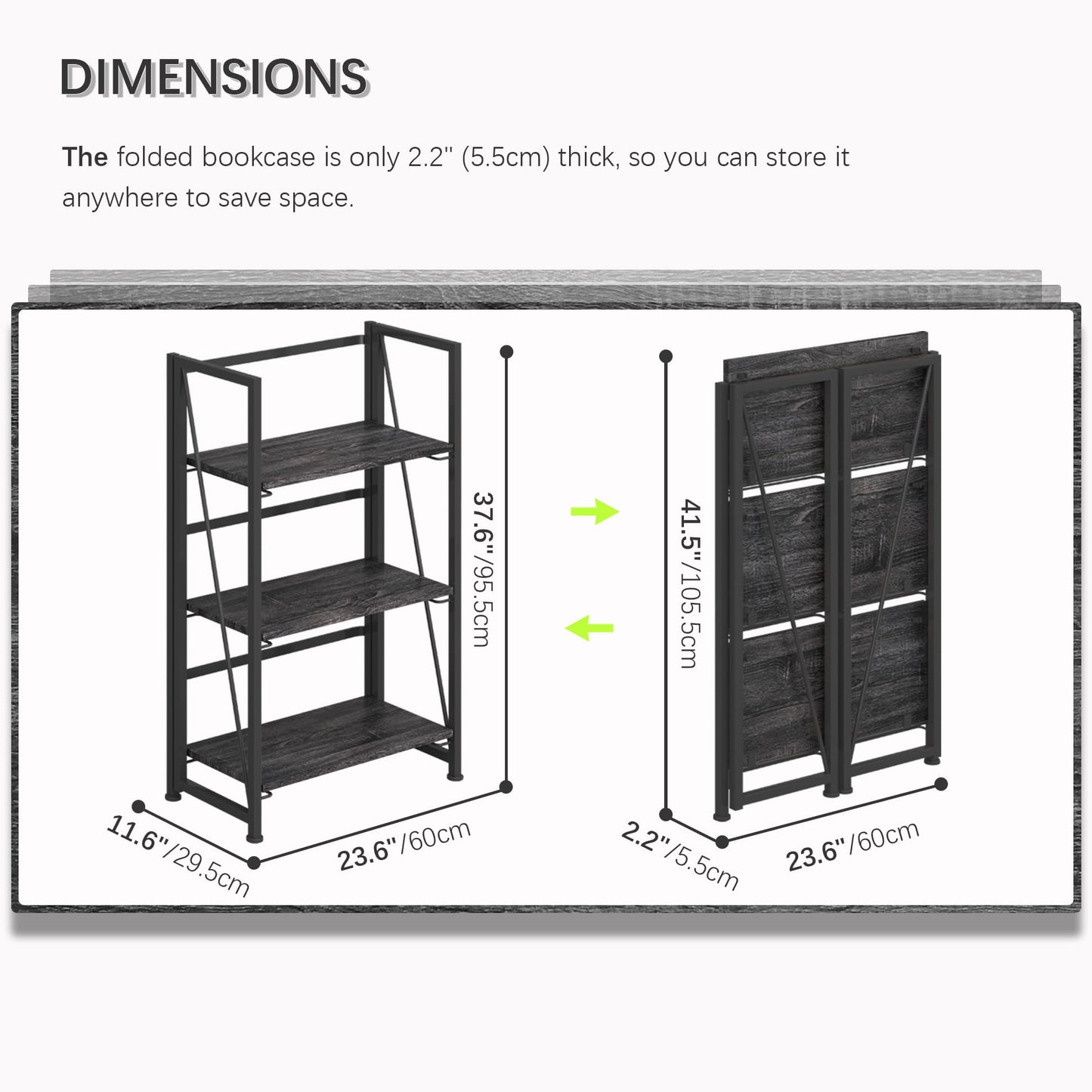 4NM No-Assembly Folding Bookshelf Storage Shelves 3 Tiers Vintage Bookcase Standing Racks Study Organizer Home Office (Gray Black)