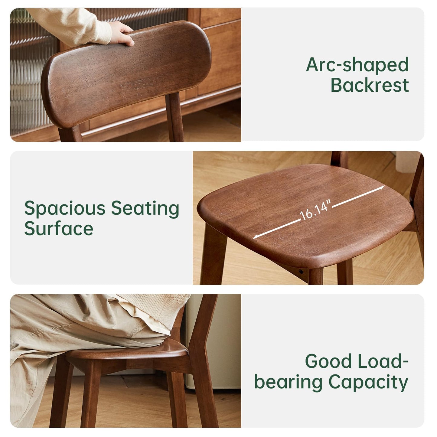 100% Solid Wood Dining Chairs Set of 4, Mid Century Modern Dining Chairs with Curved Backrest, Wooden Desk Chair with Solid Rubber Wood Frame for Kitchen, Dining Room, Study, Living Room, Walnut (4PK)