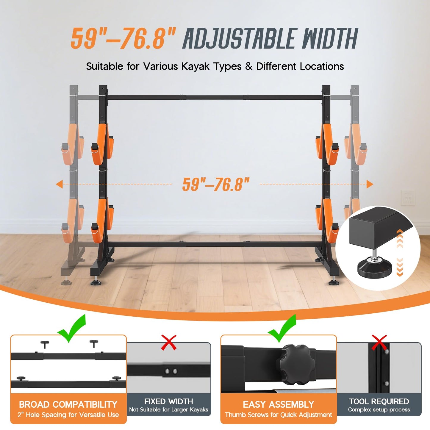 SPECRAFT Freestanding Kayak Storage Rack for 4 Kayaks, Adjustable Width Stand with Stable Base, 8 Elastic Ropes, EVA Tube Sleeves, for Indoor Outdoor Garage