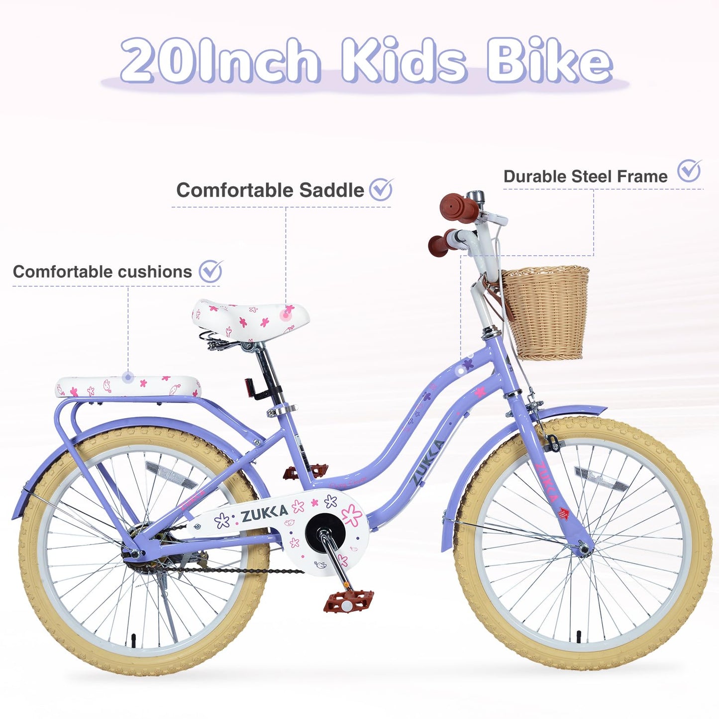 20" Inch Girls Bike Kids Bikes Girl Bicycle 20” Bikes 20 Bike for Girls Ages 7 8 9 10 Years Old,MTB Single Speed Bicycle,Enclosed Chainguard Kids' Bicycles,3 Colors (Light Purple)