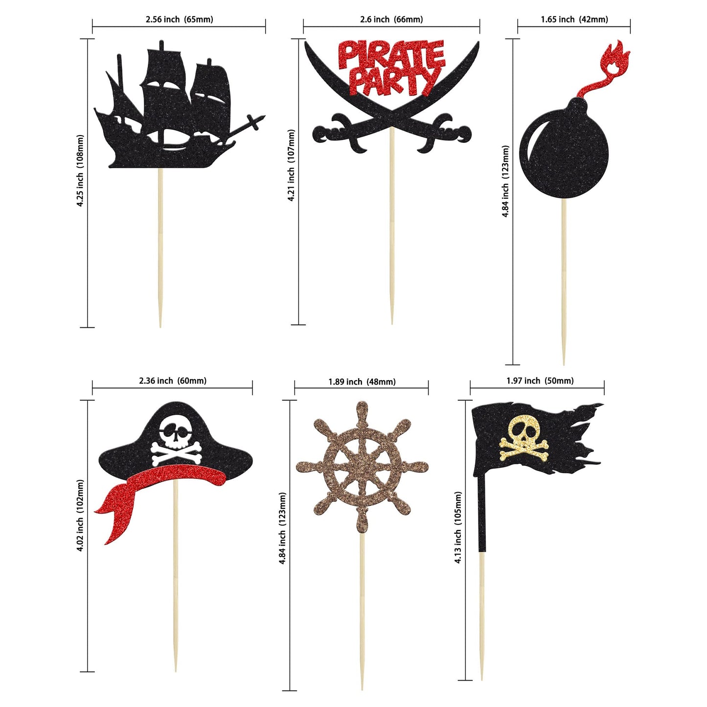 24Pcs Pirate Cupcake Toppers Black Glitter Nautical Sailing Skull Cap Cupcake Picks for Pirate Theme Baby Shower Kids Birthday Party Cake Decorations Supplies