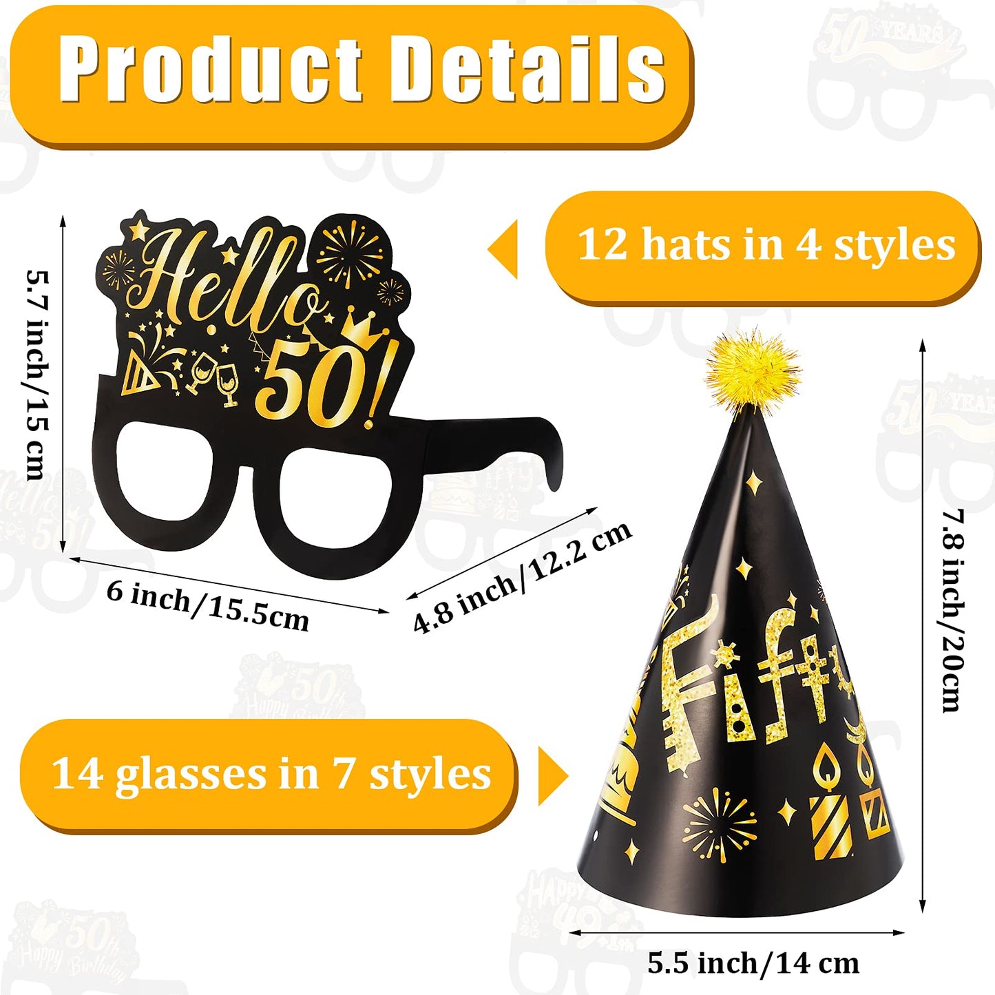 26 Pieces 50th Birthday Party Decoration Glasses and Hats Kits Black Gold Theme Paper Eyeglasses and Hats Funny Glasses and Hats Costume Accessories 50th Birthday Party Supplies for Men and Women