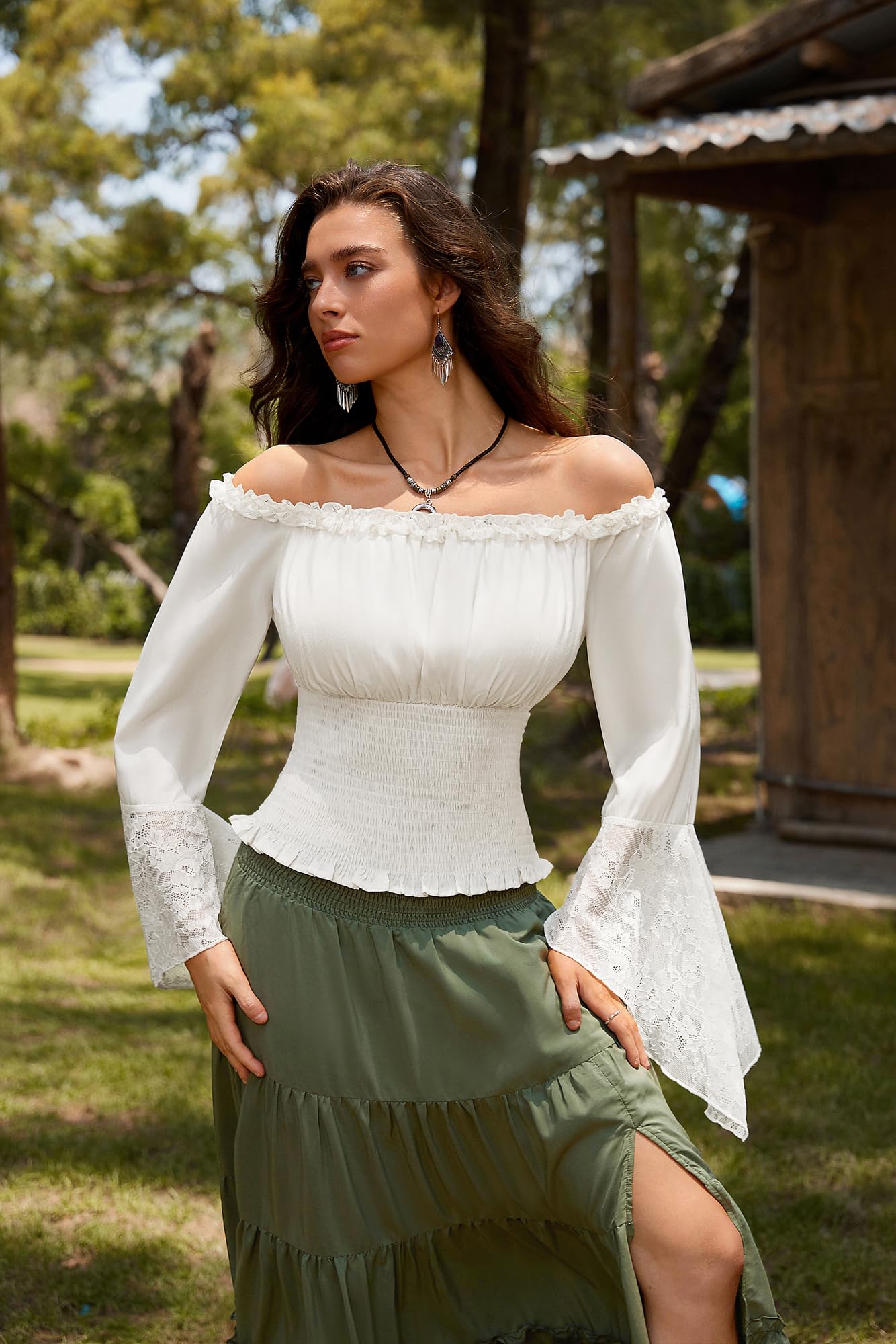 Women Renaissance Shirt Bell Sleeve Shirt Off The Shoulder Long Sleeve y2k Top White M