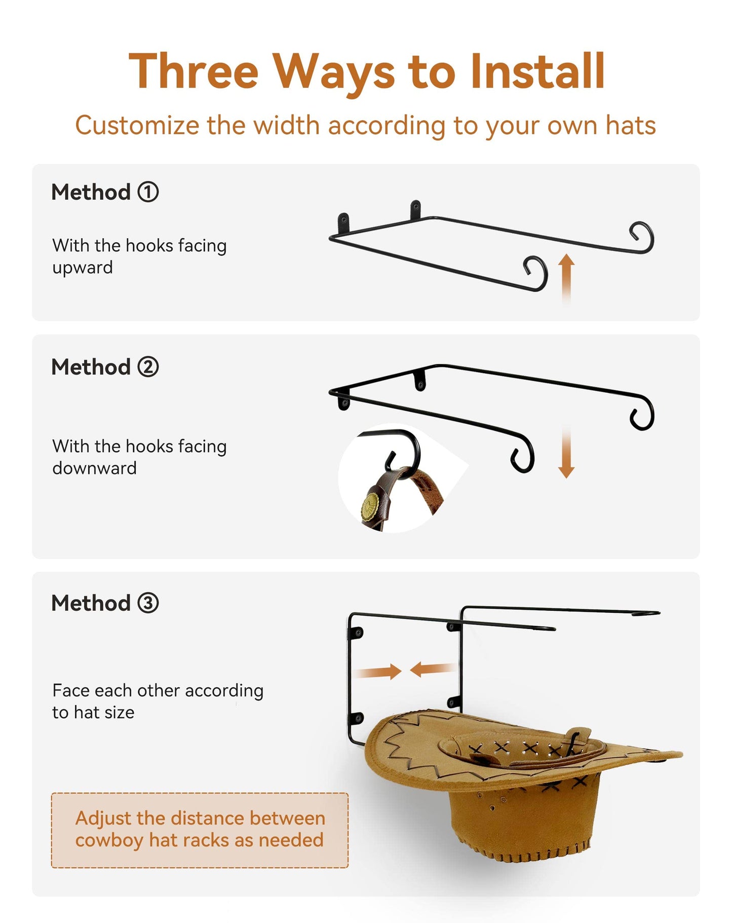 WNXSLOAD Cowboy Hat Rack 6 Pieces, DIY Cowboy Hat Holder for Wall, Hat Rack for Cowboy Hats, Cowboy Hat Hanger Keeps Original Shape of Hat, Cowboy Hat Rack Wall Mount, Adjustable to Install