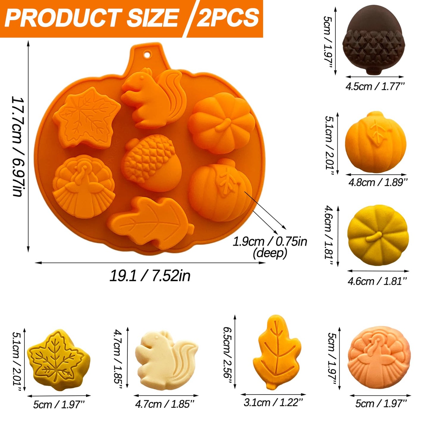 2PCS Fall Silicone Molds Thanksgiving Chocolate Mold Pumpkin Soap Mold Autumn Maple Leaf Candy Mold Acorn Squirrel Ice Cube Mold for Baking Halloween Cake Cupcake Decoration (Amber yellow)