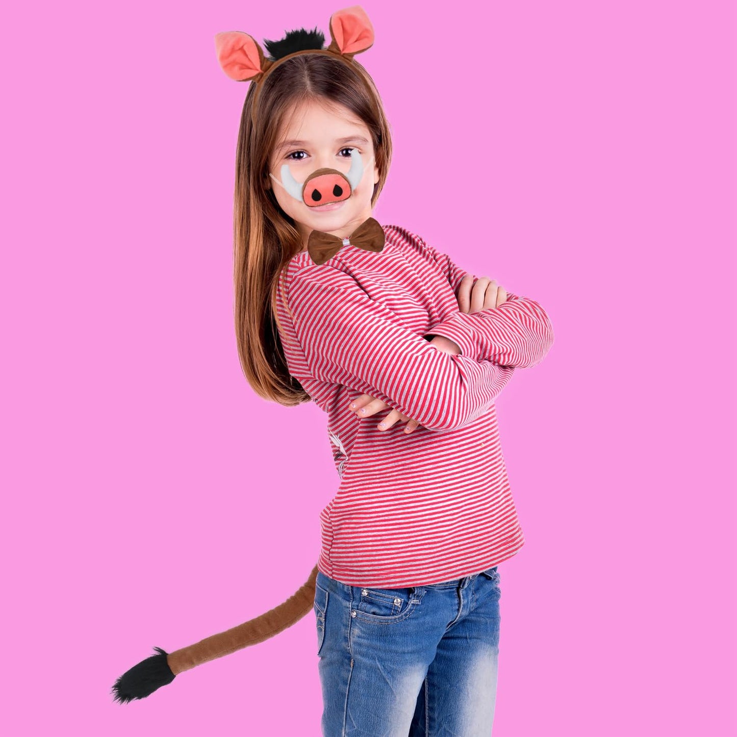4 Pieces Warthog Ears and Tail Set - Wild Boar Headband with Nose Tail Bow Tie Cosplay Party Halloween Costume Accessories for Kids and Adults