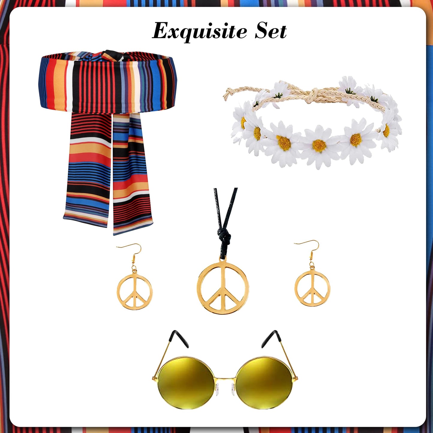 60s 70s Outfit for Women Hippie Costume 8pcs Fringe Vest Flared Pants Costume Peace Sign Necklace Earrings
