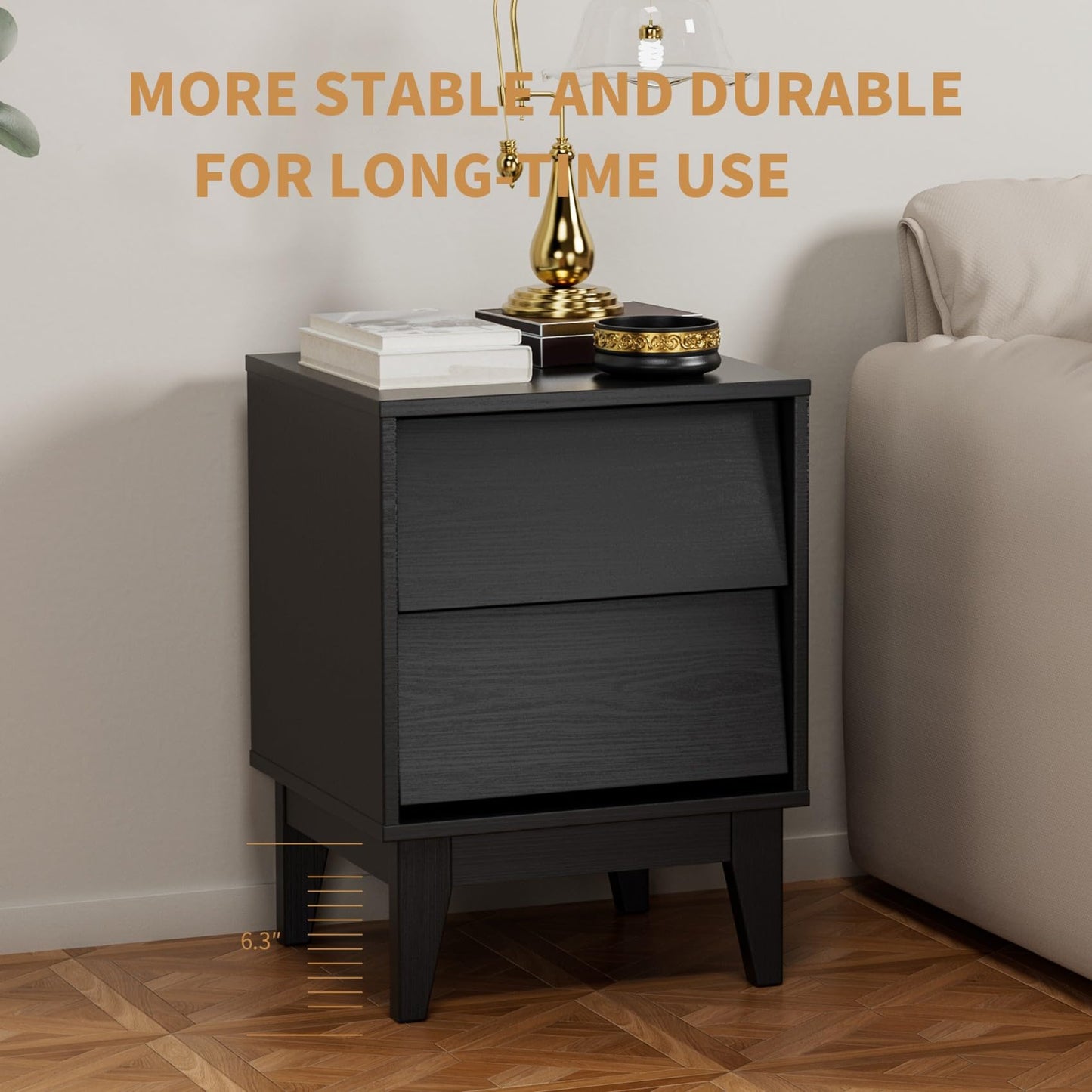 2 Set Nightstands with Beveled Design, Mid-Century Modern Bedside Tables with Solid Wood Legs for Bedroom Living Room, Black