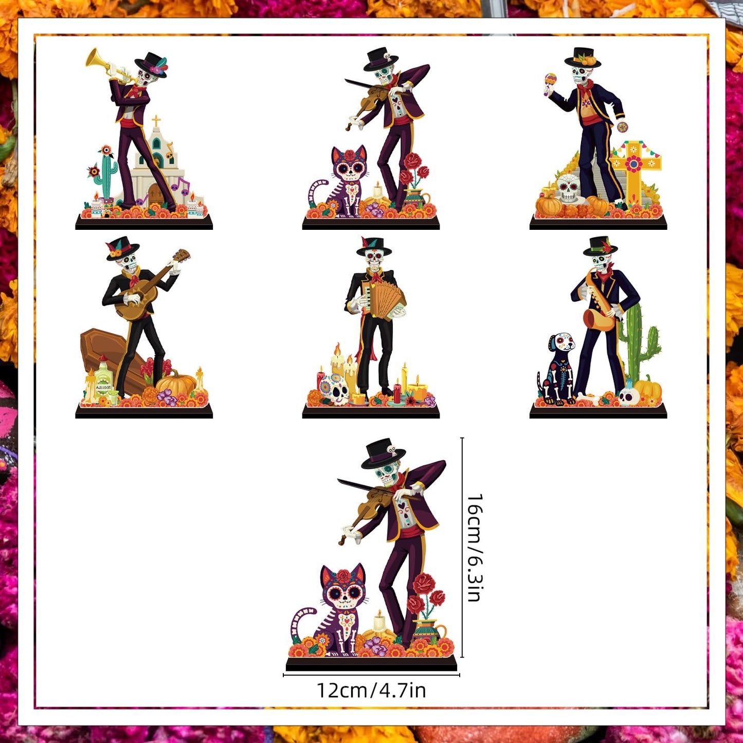 6Pcs Dia De Los Muertos Decorations Wooden Table Centerpiece Day of the Dead Decorations Sugar Skull Table Decor for Mexican Fiesta Tiered Tray Decor