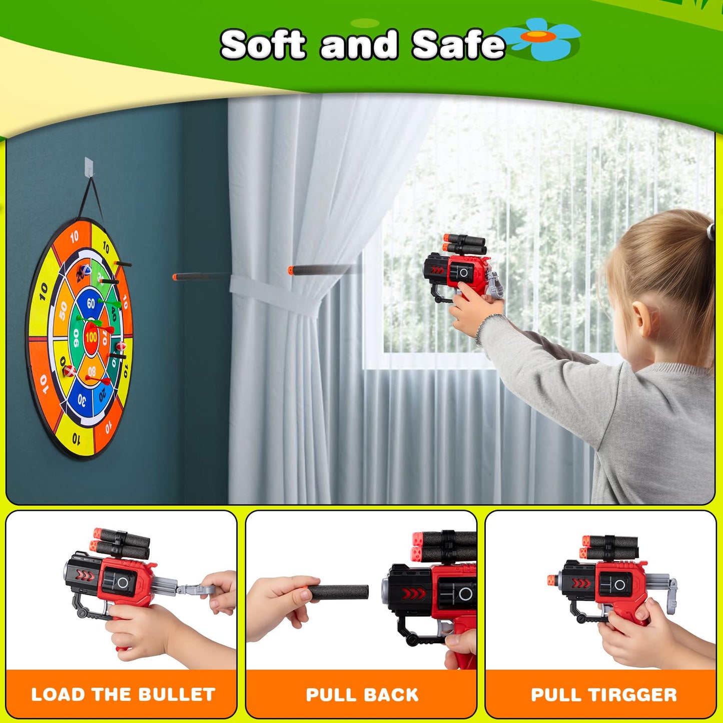 29" Dart Board for Kids - Double Sided Shooting Games with 2 Toy Guns, 6 Sticky Balls and Darts, Indoor Outdoor Party Sport Toys for 3 4 5 6 7 8 Years Old Boys Girls
