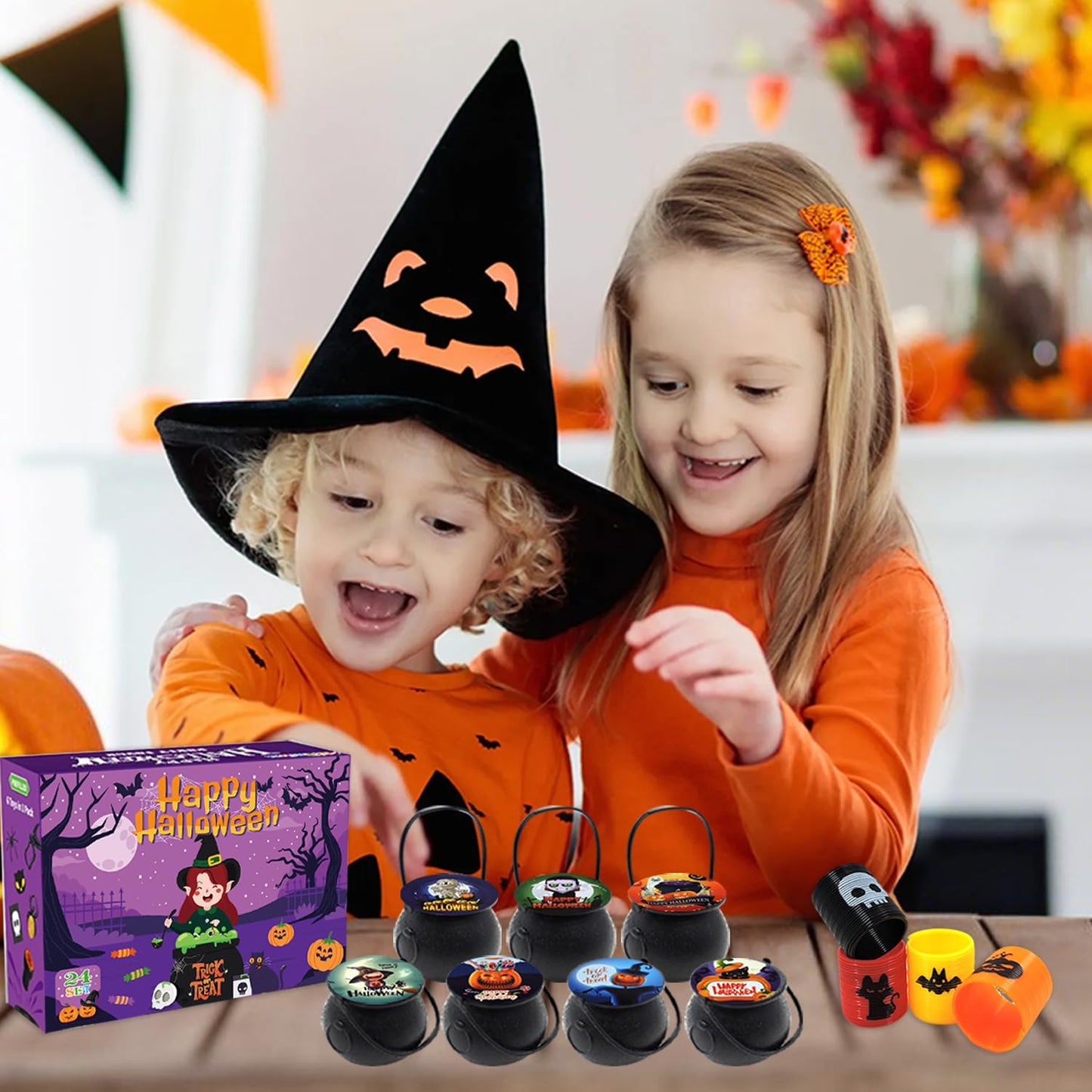 168 PCS Halloween Party Favors 24 Pack Prefilled Small Plastic Witch Cauldron Toys in Bulk Halloween Prizes Gifts Miniatures for Kids Trick or Treat,Halloween Miniatures Novelty Toys