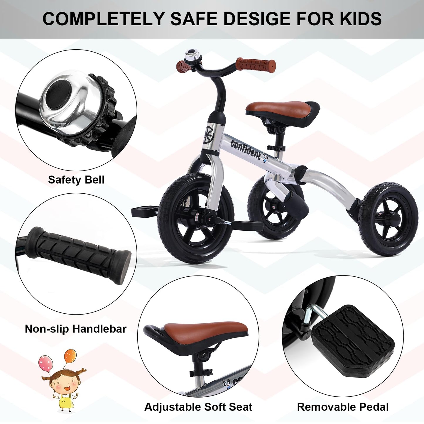 XPIY Tricycle for Toddlers Age 2-5 Years Old, 3 in 1 Folding Toddler Bike for Boys and Girls, Kids' Bike Trike with Detachable Pedal and Adjustable Seat (Glitter Silver)