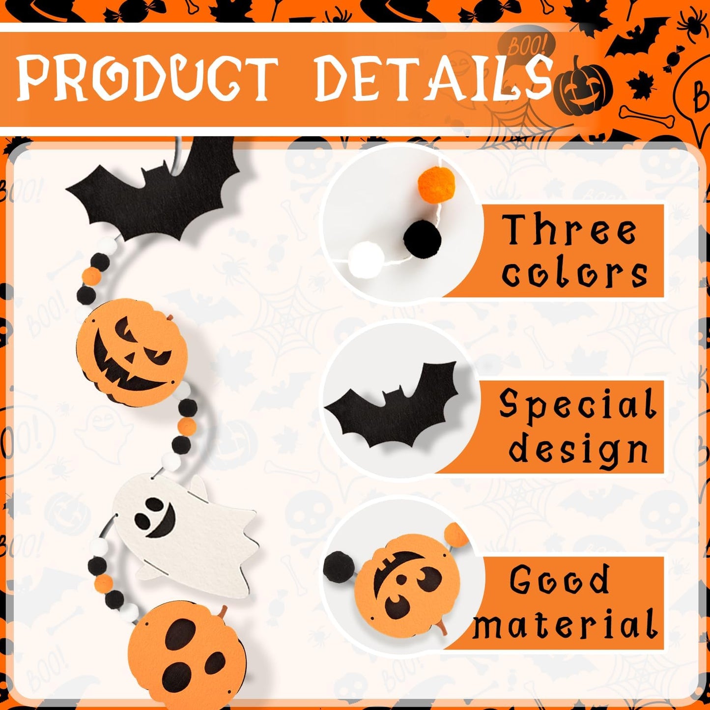 24.6Ft Felt Banner - Cute Pumpkin Ghosts Expressions Bat Pom Pom Garlands - Halloween Party Decorations - Indoor/Outdoor Hanging Decor