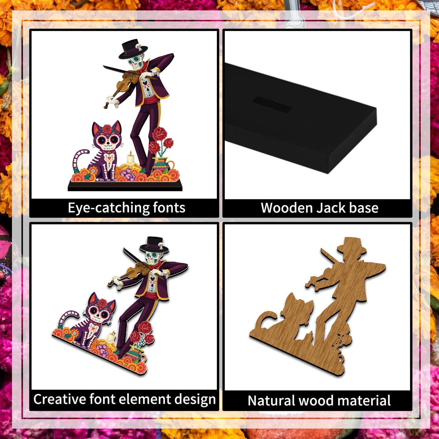 6Pcs Dia De Los Muertos Decorations Wooden Table Centerpiece Day of the Dead Decorations Sugar Skull Table Decor for Mexican Fiesta Tiered Tray Decor