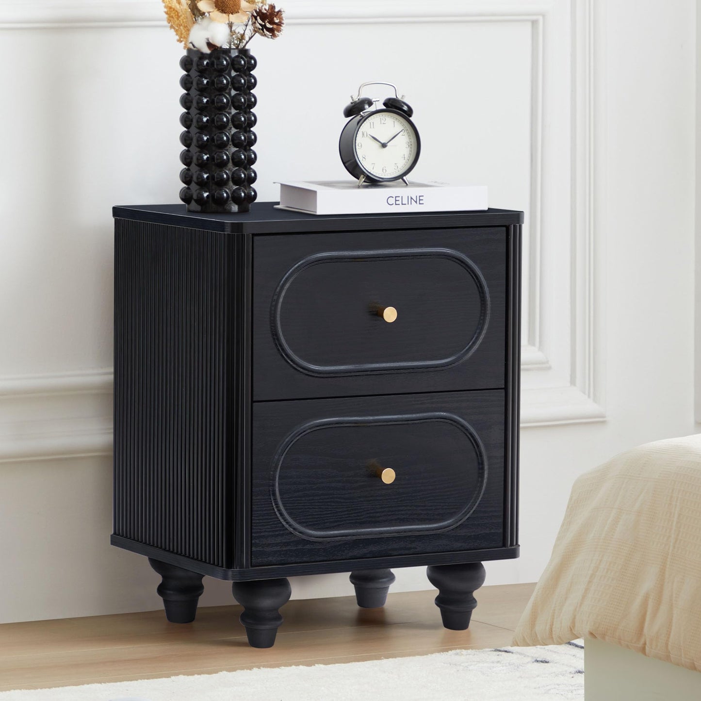 2 Drawer Fluted Nightstand Set of 2, Mid Century Modern Farmhouse Night Stand Small End Table Bedside Table for Bedroom, Living Room, Black