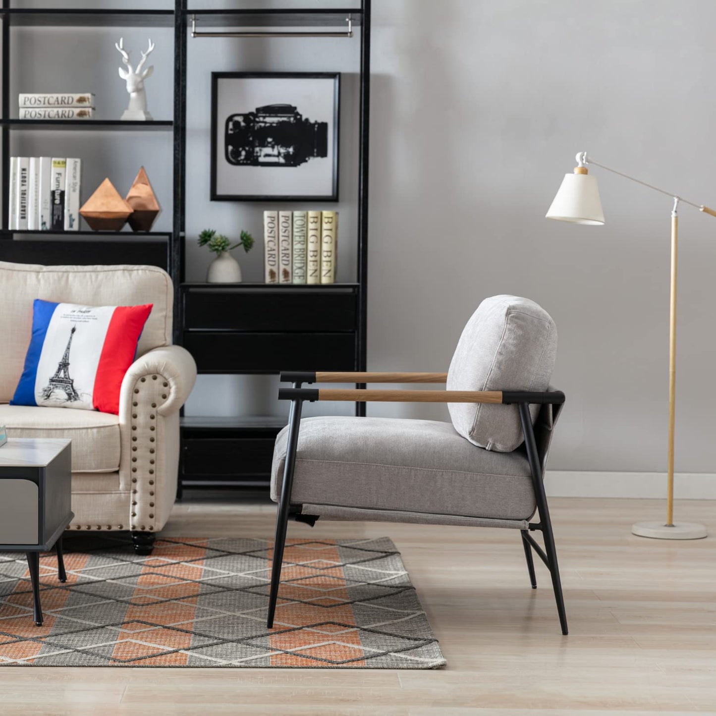 Ya-Home Mid-Century Accent Chair, Soft Armchair Chenille Fabric Lounge Chair with Black Metal Legs, Upholstered Leisure Chair for Living Room Bedroom Reception Room, 1PC, Grey