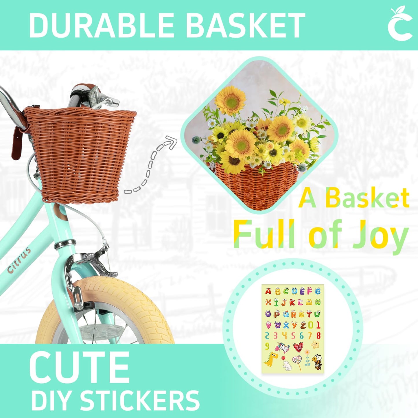 vollsch 14 Inch Little Kids Toddlers Bike for Age 7-15 Years Old Girls Retro Vintage Style Bicycles with Basket Training Wheels and Bell, Mint Green