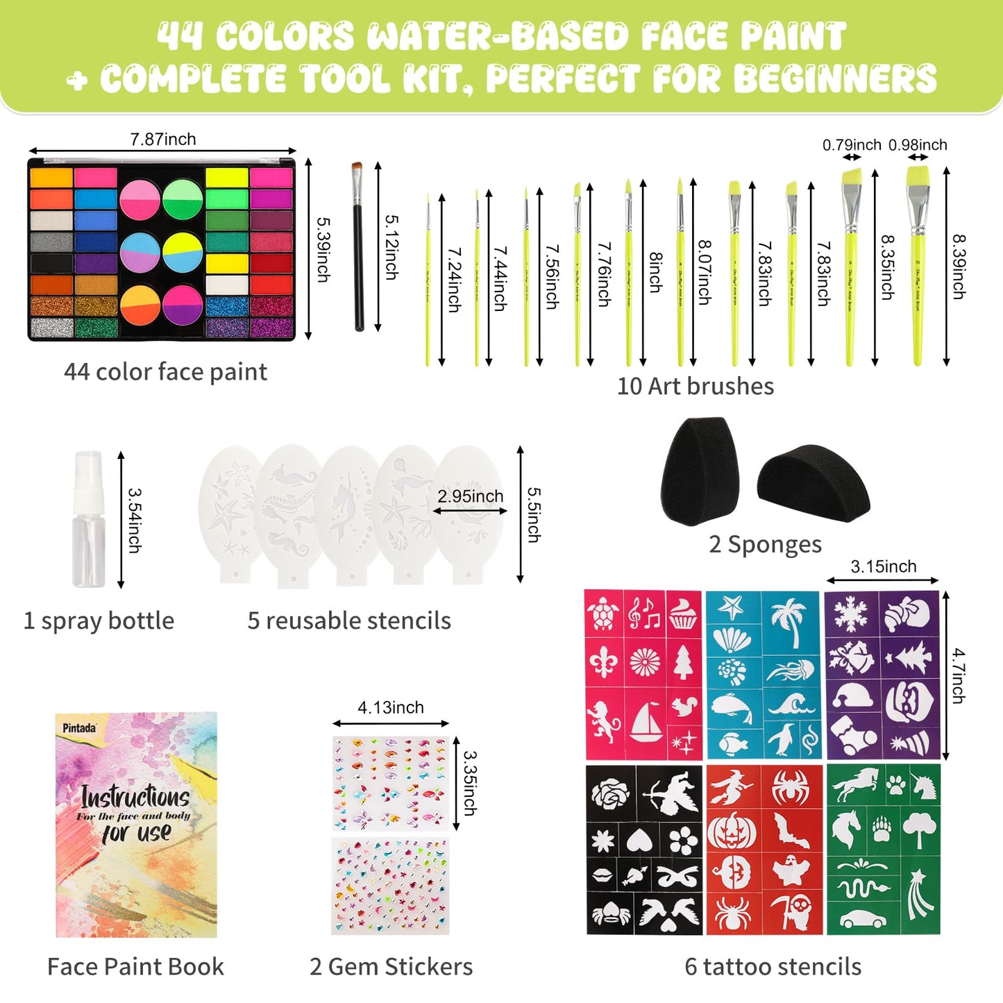44 Color Face Painting Kit for Kids - Non Toxic Water Activated Face Paint Palette with Stencils, Brushes, Gems & Glitter. Halloween, Carnival, Party; Costume Makeup for Creative Activities