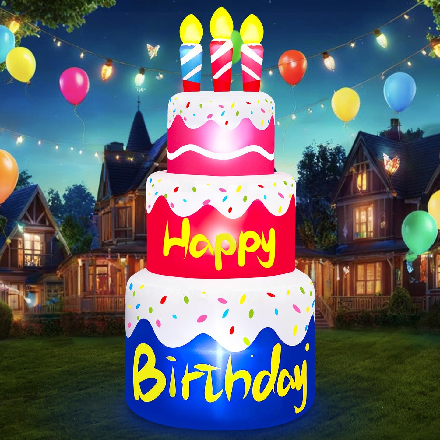 6 Ft Happy Birthday Inflatable Cake with Candles Outdoor Decorations Lighted Blow Up Holiday Birthday Party Decor with 6 LED Lights for Indoor Home Celebration Garden Lawn Yard Prop Sign