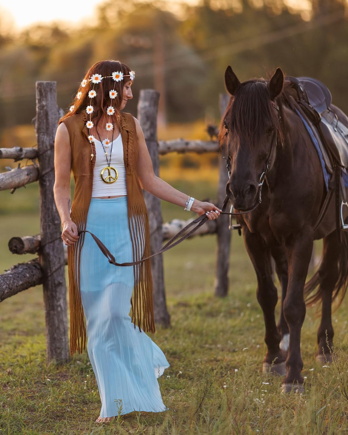 60s 70s Outfits Hippie Clothes for Women Disco Suede Fringe Vest Western Shirts Accessories Woman Cowgirl 1970 Style Decades Day Boho Costume Tops Flower Crowns (M)