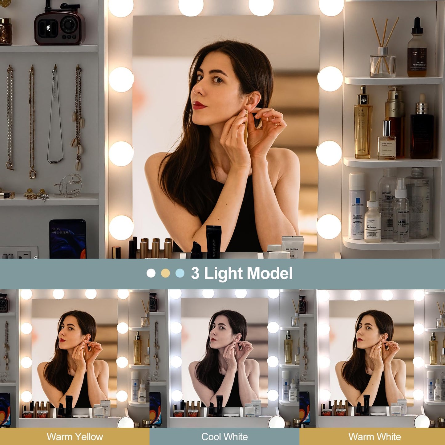 White Vanity Desk Set with Stool Mirror Lights 3 Color Lighting Dressing Table Makeup Station Charging Ports Large Beauty Desk for Bedroom Vanity Area
