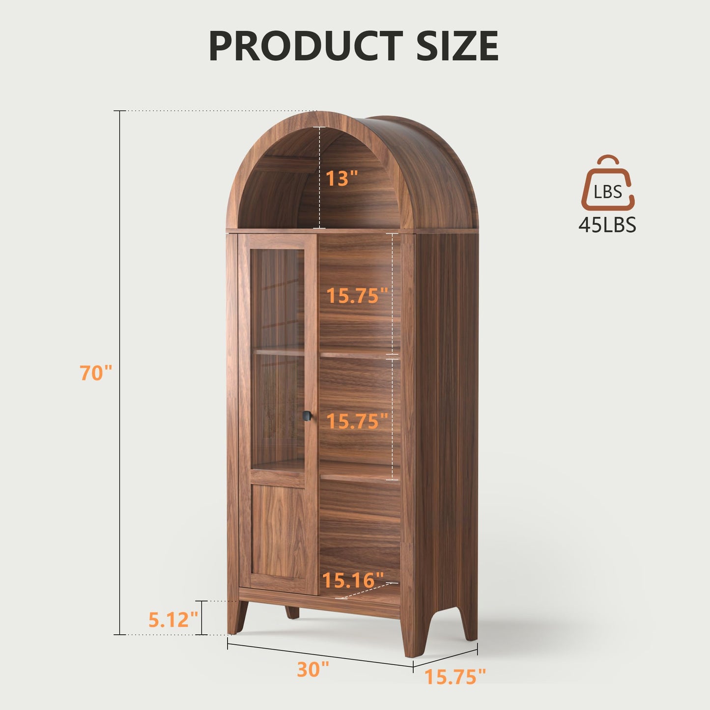 71" Tall Arched Kitchen Pantry Cabinet, Arched Cabinet with Glass Doors, Wooden Bookshelf, Versatile Cupboard for Kitchen, Living Room, Dining Room, Entryway