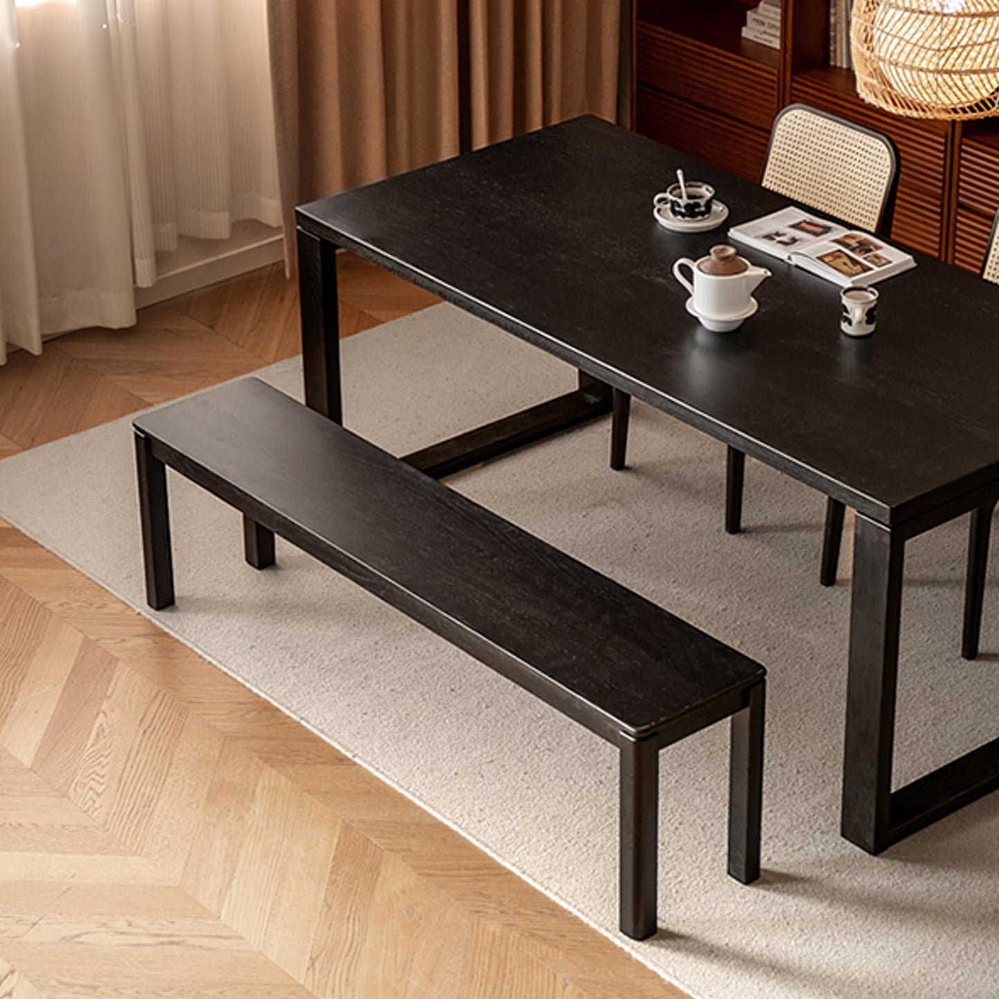 Wayshome 47.2'' 100% Solid Wood Dining Bench, Oak Wood Long Bench for Dining Table, End of Bed, Entryway, Hallway, Sofa Back, Suqare Bench for Dining Room Kitchen Bedroom Living Room, Black