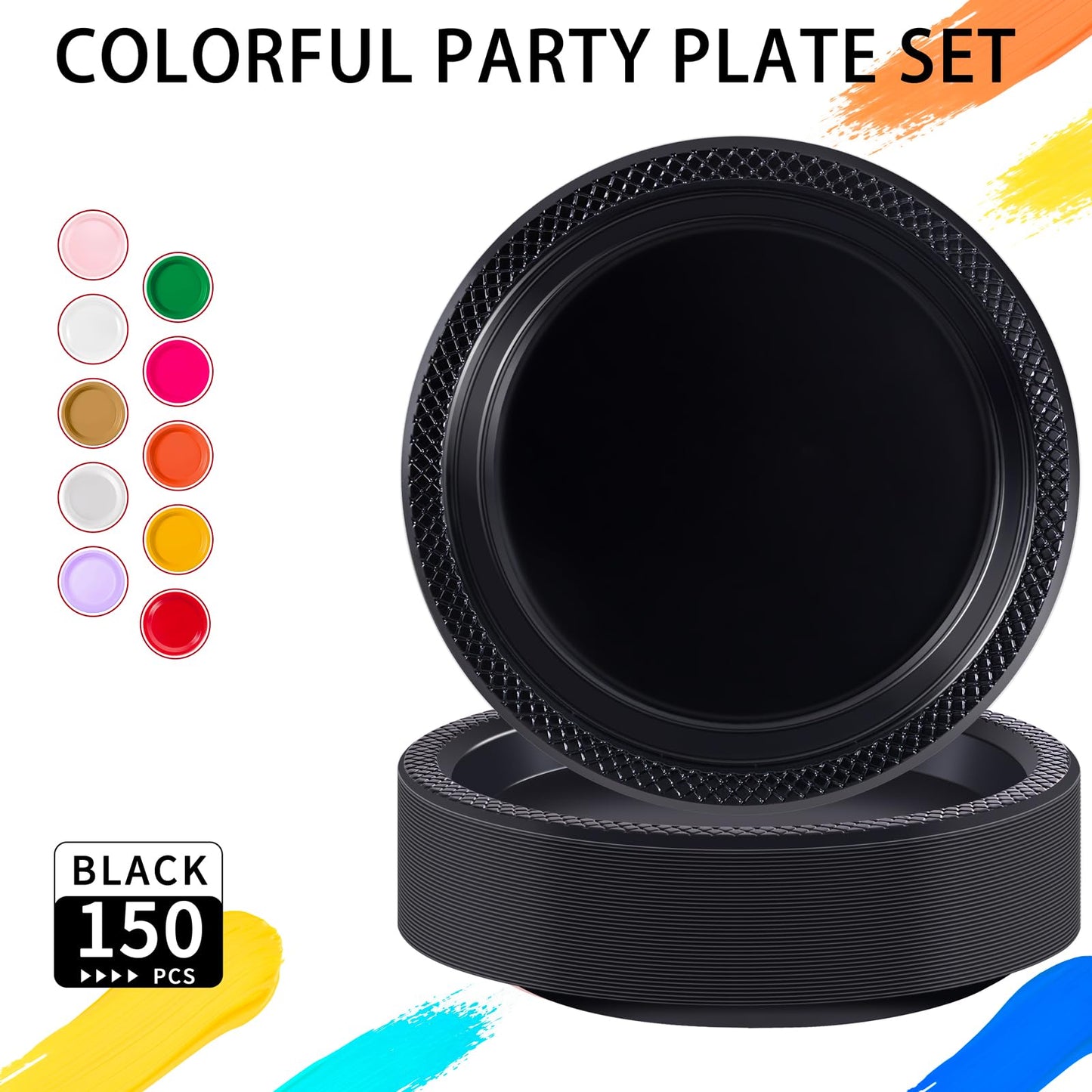 WELLIFE Black Plastic Plates 9 Inch -150 Count for Party, Plastic Disposable Dinner Plates for Easter Picnic BBQ