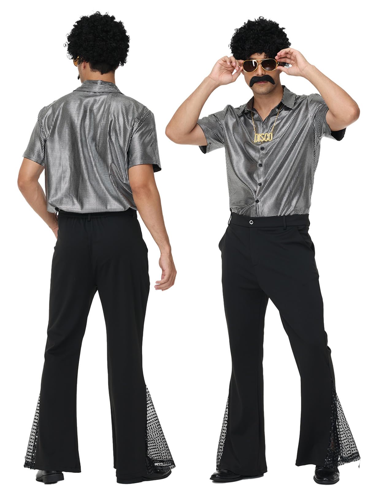 Wianja 70s Disco Outfits for Men - 7pcs 70s Costumes Bell Bottom Pants Shirts Wigs Necklace Moustache Sunglasses Hairnet