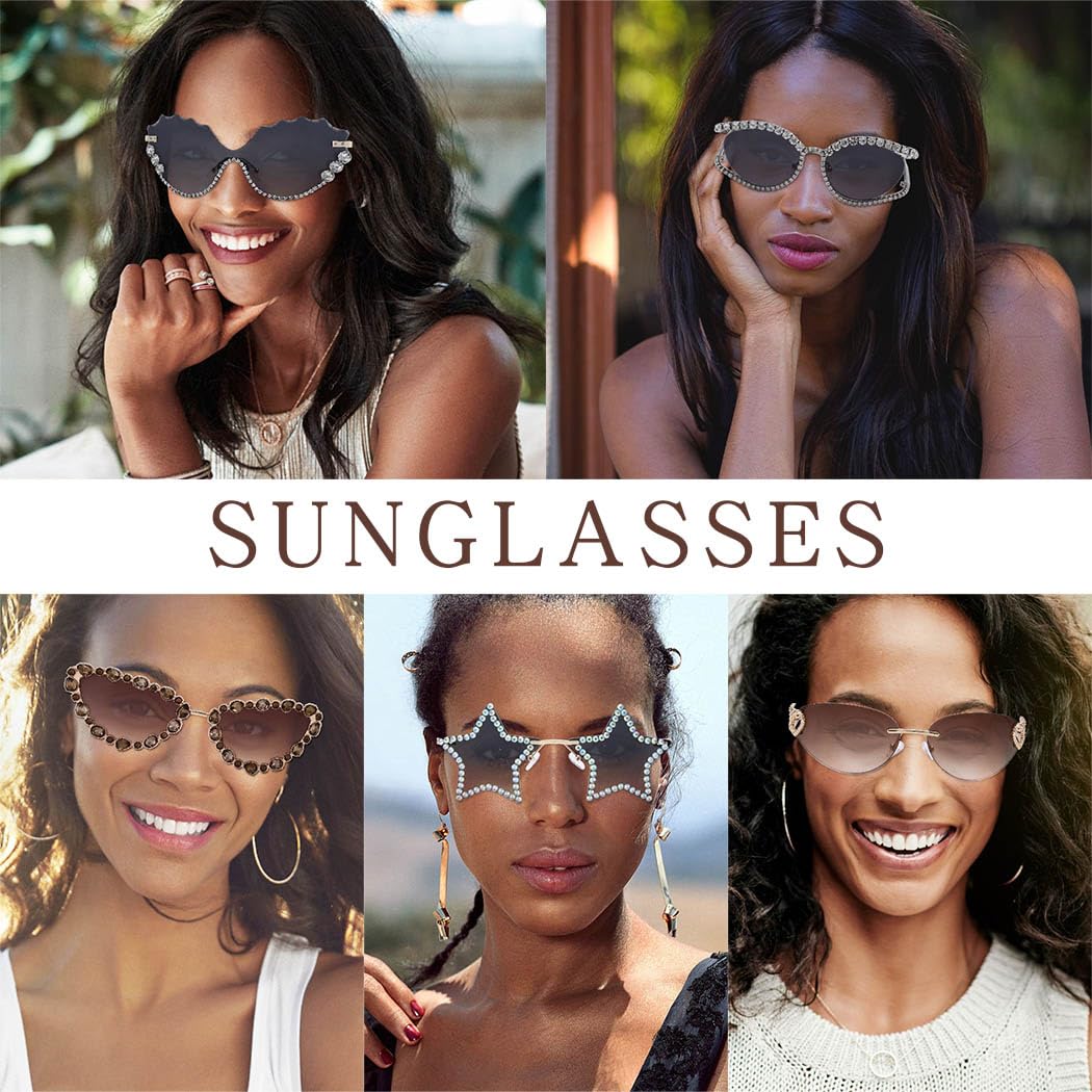 Woeoe Star Shape Sunglasses Rhinestone Rimless Sun Glasses for Women