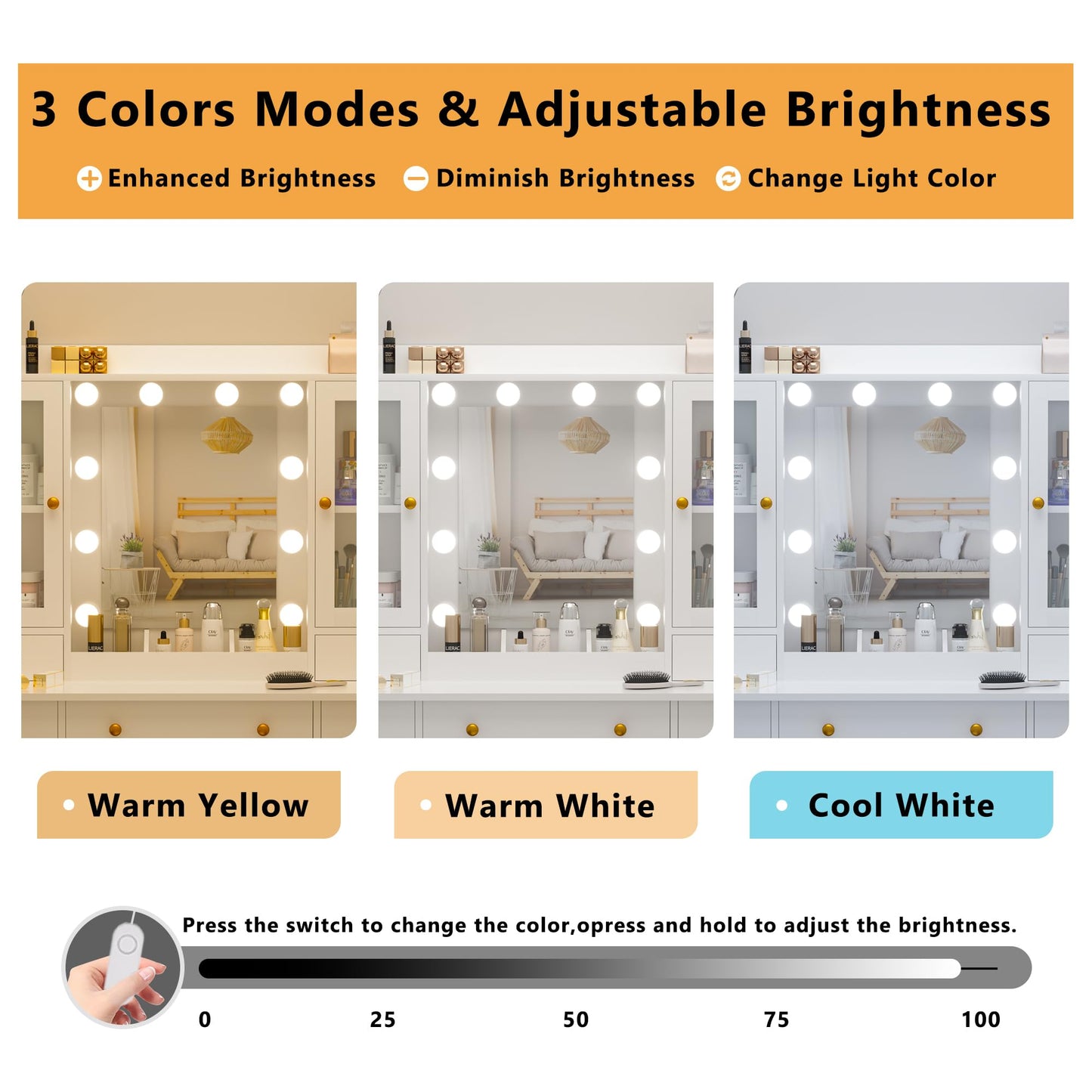 Wodeer Vanity Desk with Mirror and Lights, 43" White Makeup Vanity Set with 5 Drawers & Glass Cabinets, Storage Stool, Power Outlet & Adjustable LED Lights, Dressing Table for Women & Girls Bedroom