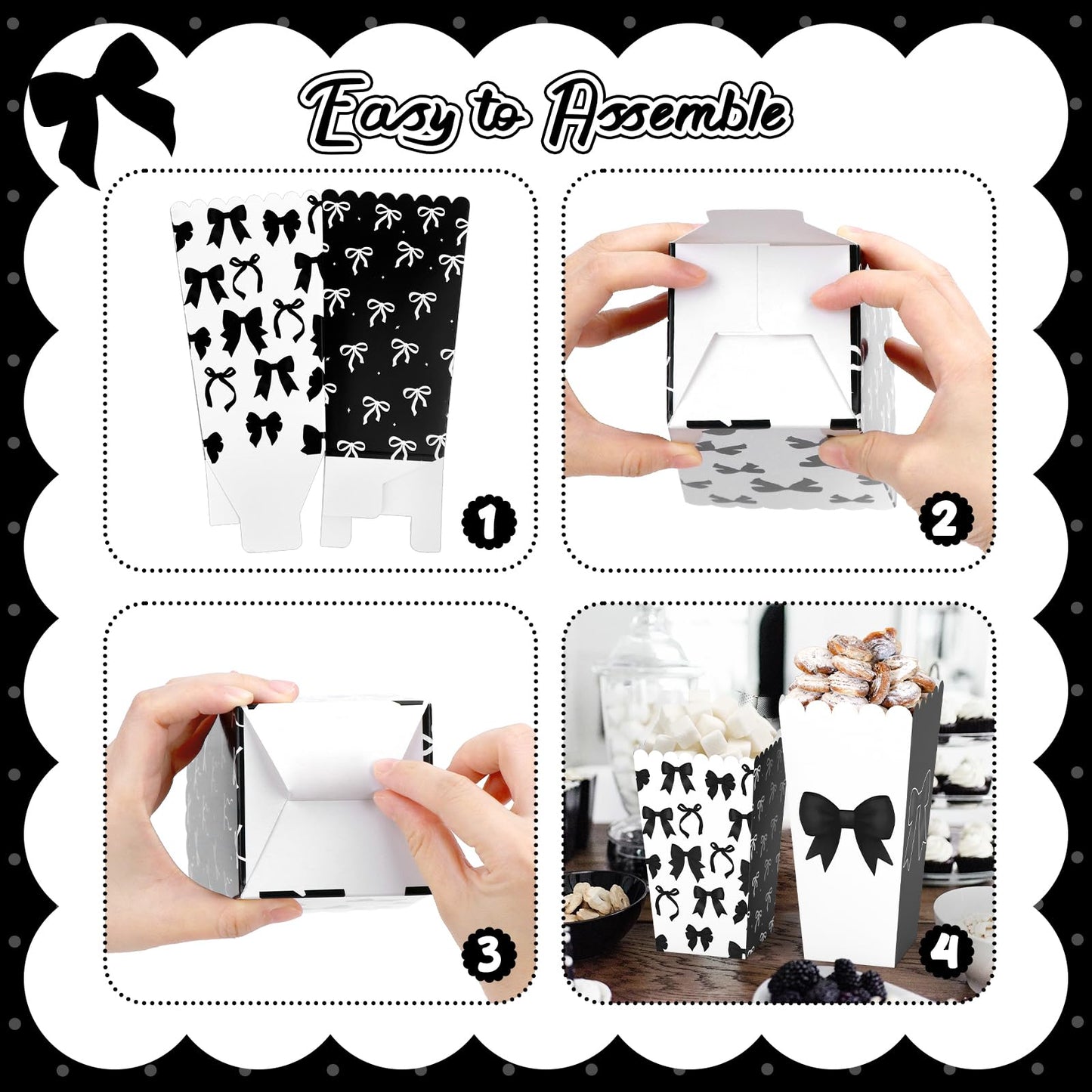20Pcs Black Bow Popcorn Boxes, Bow Movie Night Popcorn Bags for Party, Black Bucket Containers for Birthday, Bridal Shower Bachelorette Graduation Party Decor (S + L)