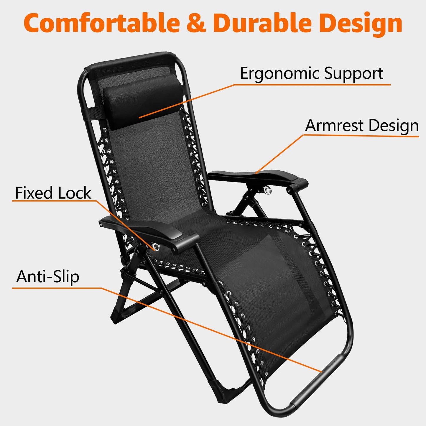 XYJBHB Zero Gravity Lounge Chair with Pillow - Thickened Pipe Outdoor Patio Folding Recliner, 26" Width, Adjustable, Steel Frame, Black - Ideal for Pool, Beach & Camping (Set of 2)