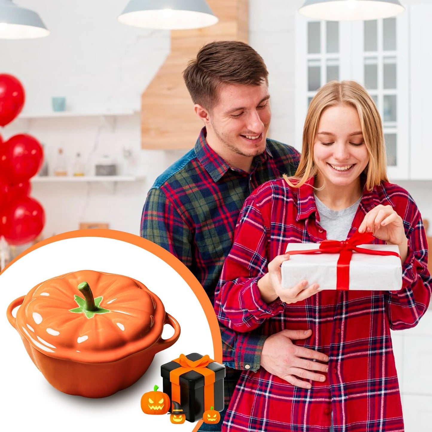 0.4-qt Pumpkin Ceramic Bowl, 6.5 x 4 Inch Small Baking Dish with Lid Oven & Stove Safe Up to 536°F, Serving Pumpkin Pot Dishes Pan for Cooking Storing Decorating, Halloween Dinner Table Kitchen Decor