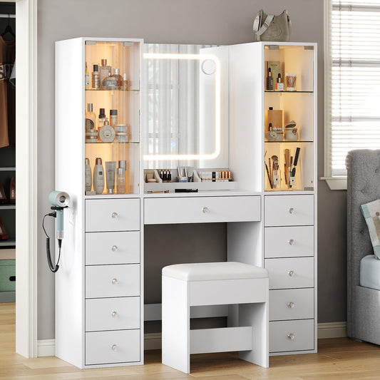 11 Drawers Makeup Vanity with Charging Station, Vanity Desk with LED Mirror & 2 Glass Cabinet, 3 Color Modes, Brightness Adjustable, Glass Top, Dressing Table with Chair for Bedroom (11 Drawers)