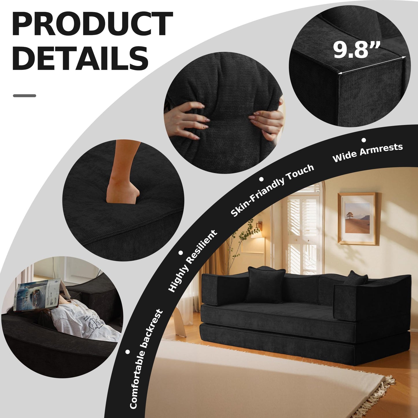 78.8''Convertible Floor Sofa Bed Combination Modular Boneless Couch Compression Sofa Couch Foldable Lazy cama for LivingRoom，Bedroom（Black）