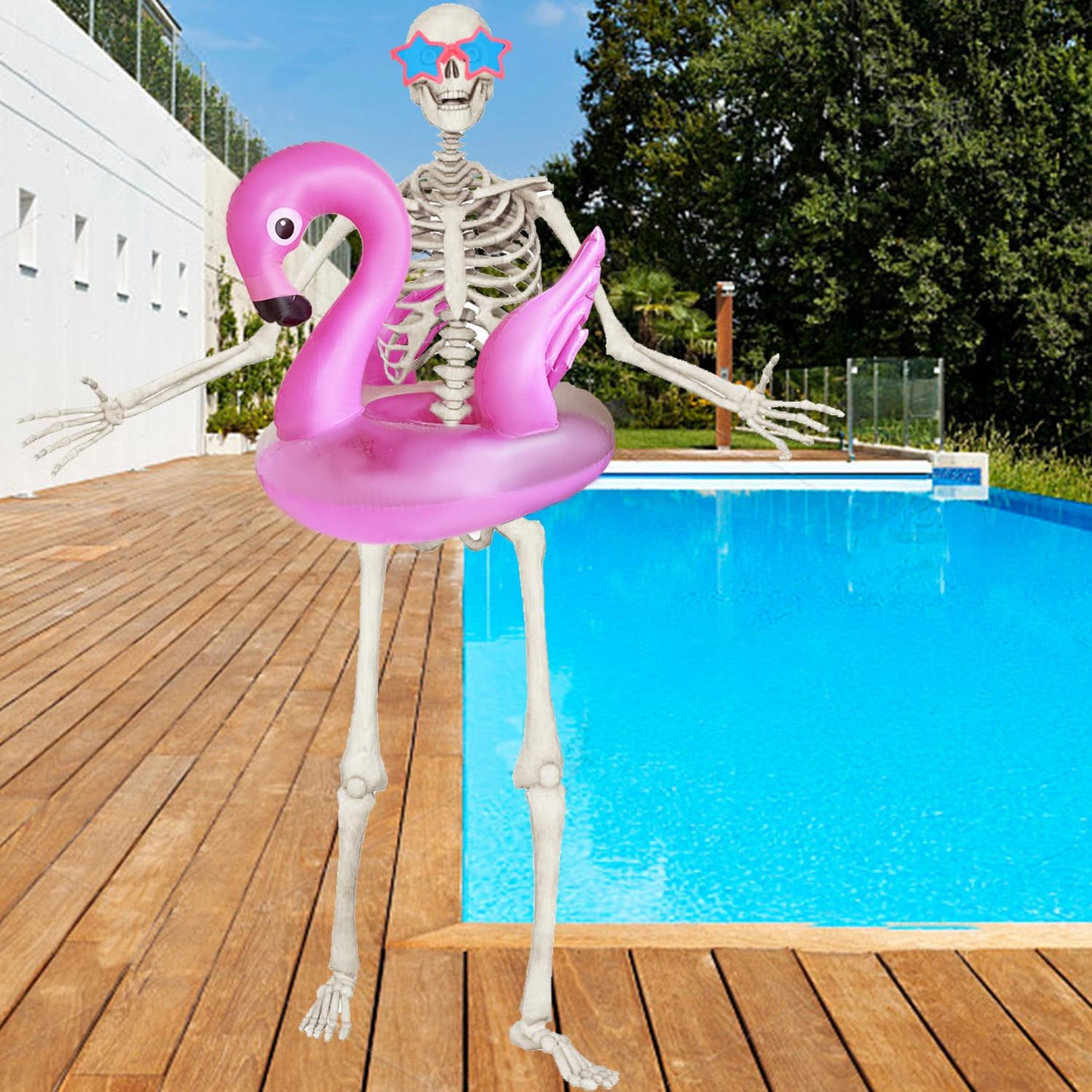 2Pcs 12ft Skeleton Summer Accessories Kit with Flamingo Pool Float and Sunglasses Outdoor Giant Skelly Decor for 12 Foot Skeleton Garden Lawn Summer Party Decorations