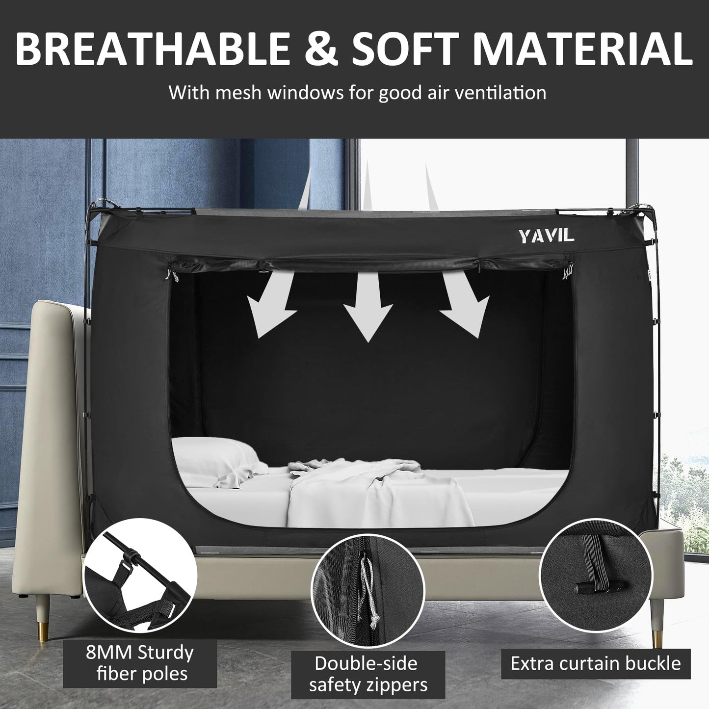 YAVIL Bed Tent Bed Canopy Full Size, Portable Sleeping Tents Dream Tents Indoor for Kids and Adult, Blackout 93% Breathable Privacy Space on Bed with Three Doors (Mattress Not Included)