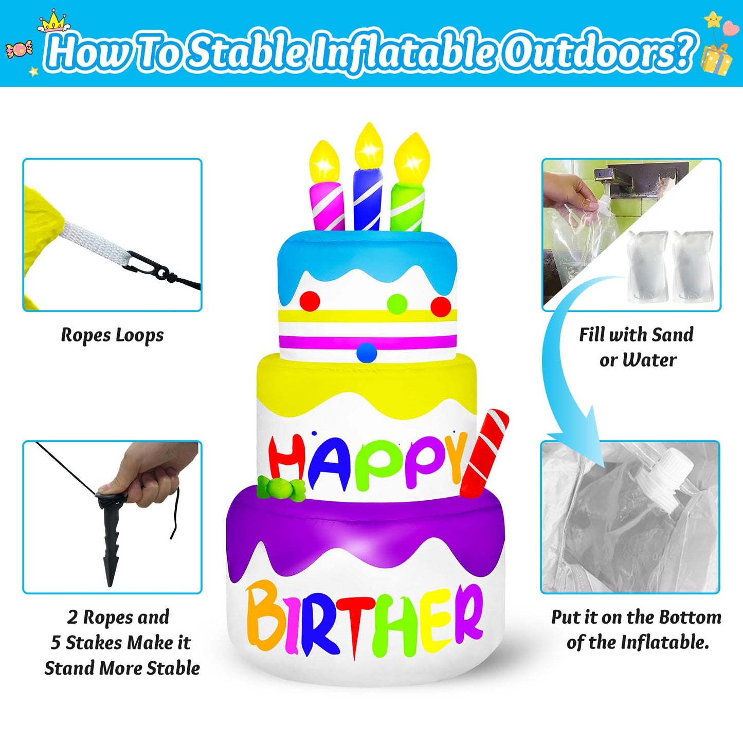 4 Ft Happy Birther Inflatable with 3 Candles Outdoor Decorations, Inflatable Cake with 6 LED Lights Happy Birther Blow Up for Indoor Home Holiday Party Patio Garden Yard