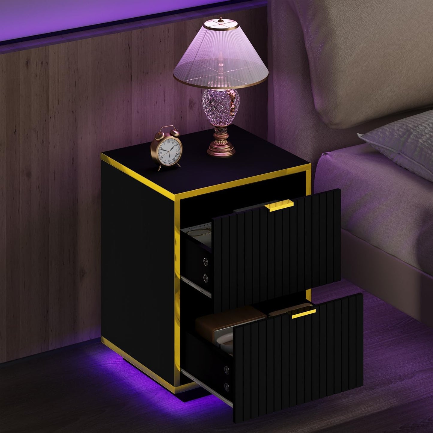 4ever2buy Black Nightstand with LED Lights, Morden Bedside Table with Gold Frame, Fluted Nightstand with Drawers, 18 Inch Night Stand with Storage, Side Table for Bedroom, Black and Gold