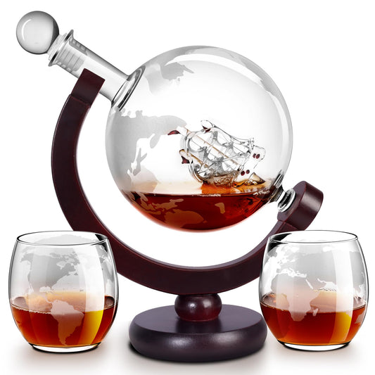 Whiskey Decanter Sets for Men, Whiskey Decanter Globe Set with 2 Etched Globe Whisky Glasses for Liquor, Bourbon, Cocktails, Vodka, Scotch liquor decanter Sets - 850ml