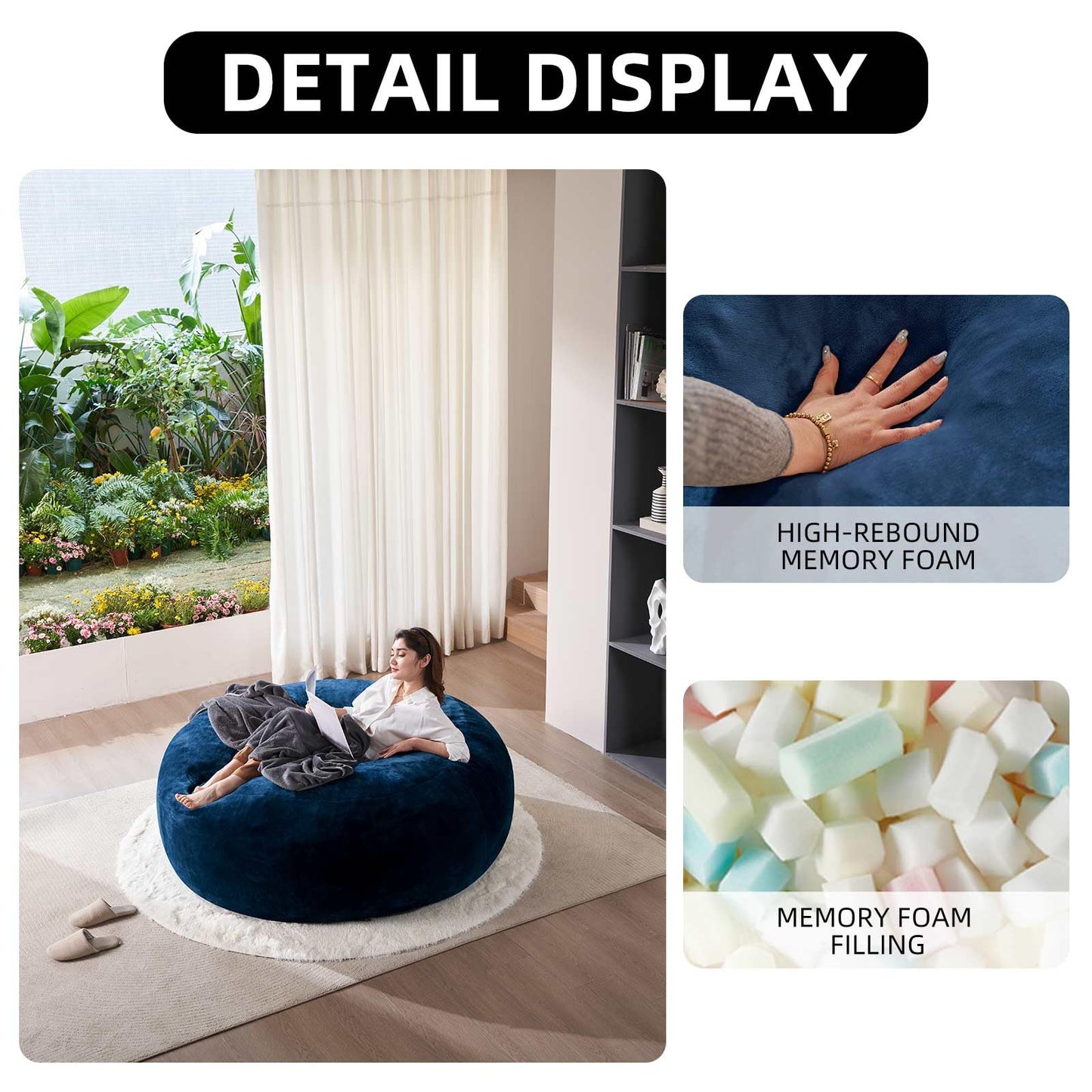 6FT Large Bean Bag Chairs Bean Bag Chair with Filler Memory Foam Bean Bag Chair Super Comfy Plush Bean Bag, Adult Living Room, Giant Bean Bag, Suitable for Bedroom, Casual Reading Chair(Blue)