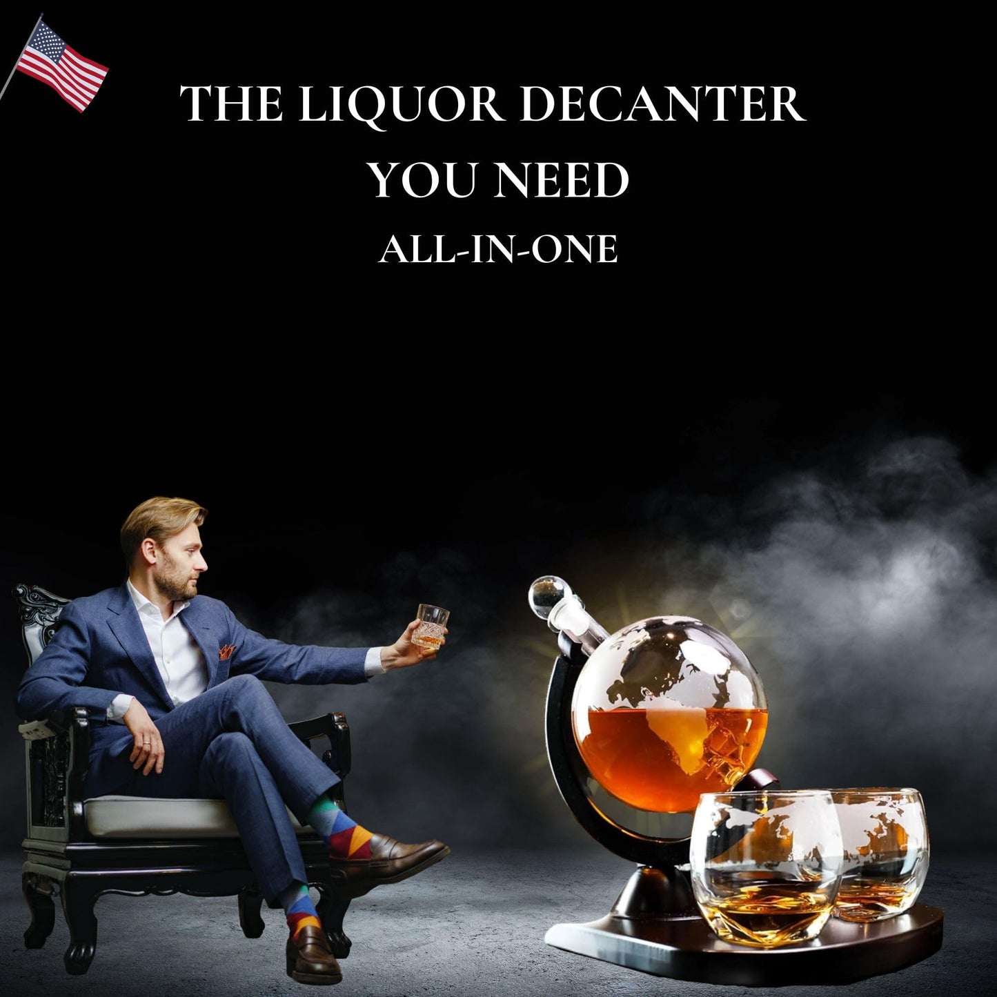 Whiskey Decanter Globe Set with 2 Etched Globe Whisky Glasses | Liquor Decanter | Whiskey Stones, Ice Tong, Funnel - Gifts For Men Dad, Husband - Liquor, Bourbon, Scotch, Vodka, Wood Stand - 850ml